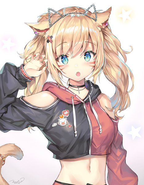 Anime picture 980x1259 with final fantasy final fantasy xiv square enix miqo'te momoko (momopoco) single long hair tall image looking at viewer blush fringe open mouth blue eyes simple background blonde hair hair between eyes twintails bare shoulders signed animal ears