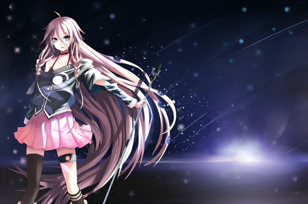 Anime picture 1100x733 with vocaloid ia (vocaloid) echj single looking at viewer open mouth blue eyes bare shoulders pink hair braid (braids) very long hair pleated skirt twin braids girl thighhighs skirt choker single thighhigh microphone stand pink skirt