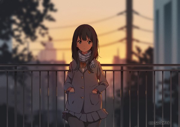 Anime picture 2000x1414 with gridman universe ssss.gridman studio trigger takarada rikka domo1220 single long hair looking at viewer fringe highres blue eyes black hair hair between eyes standing sky upper body outdoors pleated skirt blurry depth of field