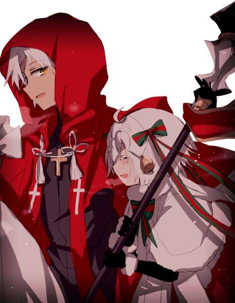 Anime picture 950x1227 with fate (series) fate/grand order jeanne d'arc (fate) (all) jeanne d'arc alter santa lily (fate) amakusa shirou (fate) hiiragi fuyuki long hair tall image blush short hair open mouth simple background smile white background yellow eyes ahoge white hair eyes closed profile girl