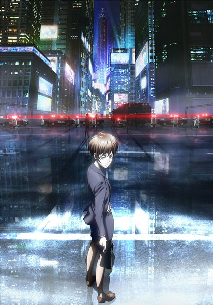 Anime picture 1646x2356 with psycho-pass production i.g tsunemori akane tall image short hair brown hair brown eyes scan city reflection police girl skirt weapon gun suit ground vehicle car people police car