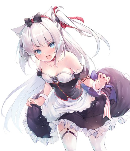 Anime picture 1251x1452 with azur lane hammann (azur lane) miwabe sakura single long hair tall image looking at viewer blush blue eyes simple background white background animal ears cleavage silver hair cat ears maid cat girl fang (fangs) one side up retrofit (azur lane)