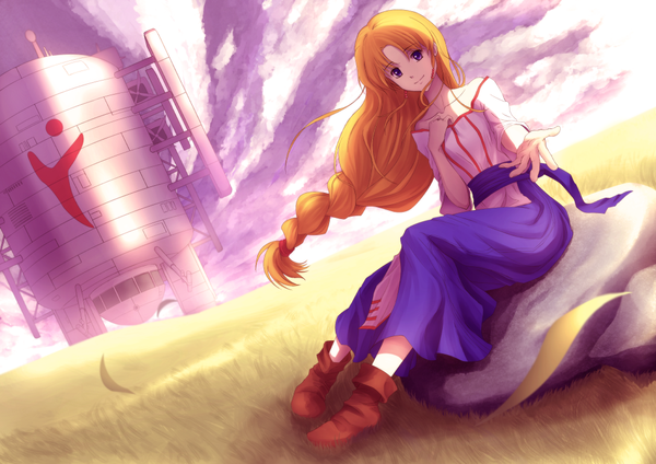 Anime picture 1052x744 with arc the lad lieza hananon single long hair looking at viewer fringe blonde hair smile sitting purple eyes sky cloud (clouds) girl shoes clothes stone (stones)