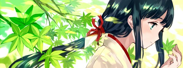 Anime picture 1000x370 with original tan (tangent) single long hair blush fringe blue eyes smile wide image holding traditional clothes japanese clothes profile green hair miko girl leaf (leaves) branch hakama