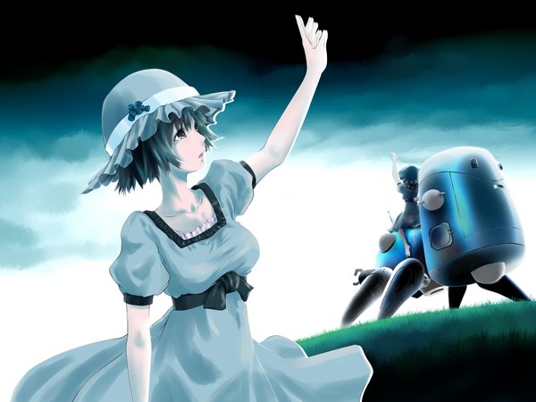 Anime picture 1600x1200 with steins;gate ghost in the shell white fox production i.g shiina mayuri tachikoma poker-face-008 short hair black hair sitting barefoot black eyes arms up outstretched hand crossover girl dress plant (plants) hat grass
