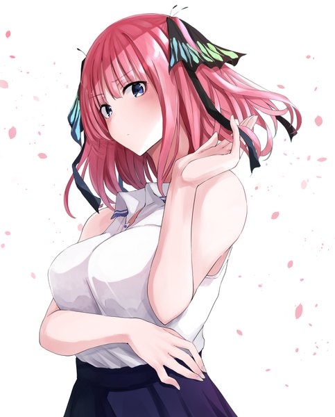 Anime picture 1466x1821 with go-toubun no hanayome nakano nino fuu (fuore) single tall image looking at viewer blush fringe short hair blue eyes simple background white background bare shoulders pink hair upper body blunt bangs sleeveless holding hair girl hair ornament