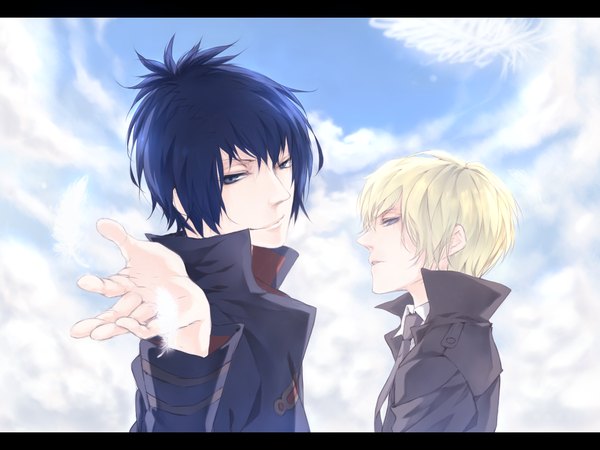 Anime picture 1600x1200 with katekyou hitman reborn daemon spade alaude (khr) torinmo looking at viewer short hair open mouth blue eyes blonde hair blue hair sky cloud (clouds) profile light smile multiple boys letterboxed boy shirt necktie 2 boys