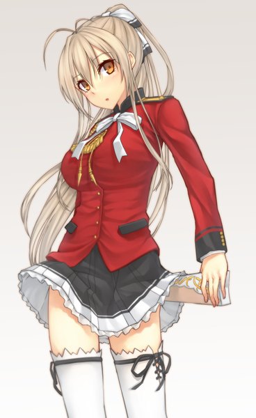 Anime picture 2120x3452 with amagi brilliant park kyoto animation sento isuzu mikazuchi zeus single long hair tall image fringe highres breasts open mouth simple background blonde hair standing white background holding looking away ahoge ponytail pleated skirt