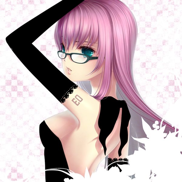 Anime picture 1300x1300 with vocaloid megurine luka single long hair light erotic white background green eyes pink hair back girl gloves glasses elbow gloves