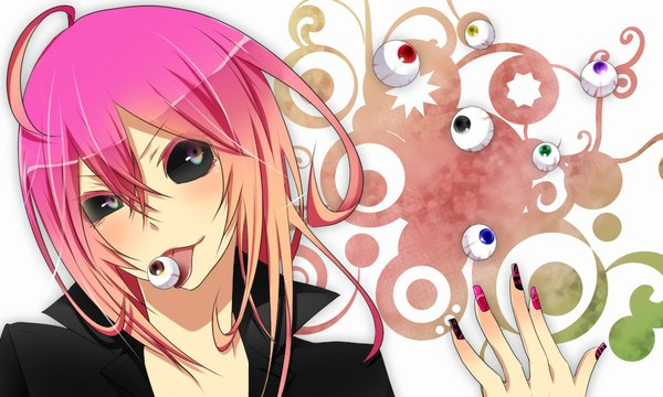 Anime picture 1000x600 with shiki shimizu megumi tagme (artist) single looking at viewer blush short hair wide image pink hair nail polish multicolored hair fingernails black eyes gradient hair long fingernails multicolored eyes black sclera nail art multicolored nail polish girl