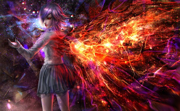 Anime picture 3205x1991 with tokyo ghoul studio pierrot kirishima touka sangrde single looking at viewer fringe highres short hair wide image standing purple hair pleated skirt looking back lips hair over one eye outstretched arm girl skirt uniform