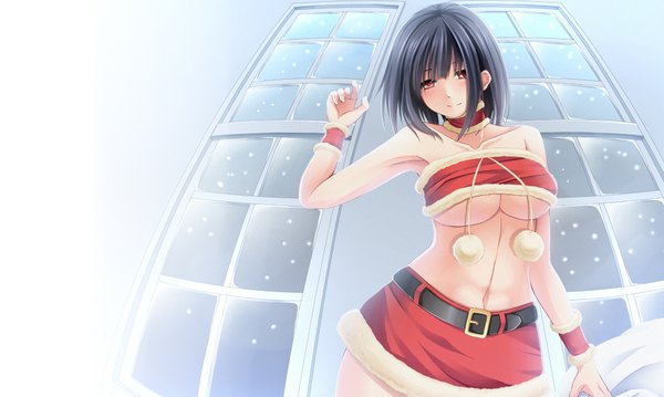 Anime picture 1920x1150 with kantai collection takao heavy cruiser creek (moon-sky) single looking at viewer blush highres short hair breasts light erotic black hair red eyes wide image large breasts bare shoulders midriff girl skirt navel belt
