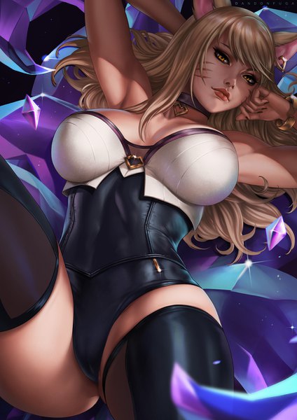 Anime picture 850x1202 with league of legends k/da (league of legends) ahri (league of legends) k/da ahri dandon fuga single long hair tall image looking at viewer fringe breasts light erotic blonde hair large breasts signed animal ears yellow eyes cleavage tail nail polish