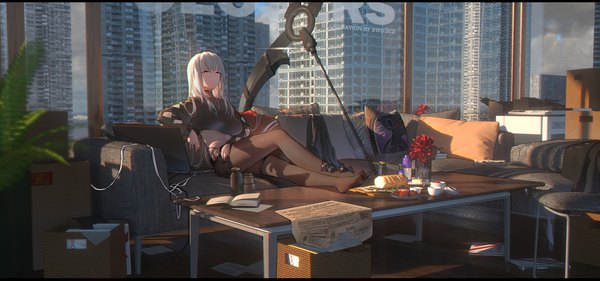 Anime picture 1919x899 with closers mirae (closers) swd3e2 single long hair fringe highres breasts open mouth hair between eyes red eyes wide image large breasts sitting signed silver hair full body bent knee (knees) indoors long sleeves