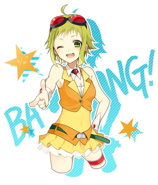 Anime picture 900x1050 with vocaloid gumi chisumi single tall image looking at viewer short hair open mouth bare shoulders green eyes one eye closed green hair wink inscription shadow hand on hip outstretched arm goggles on head girl wrist cuffs
