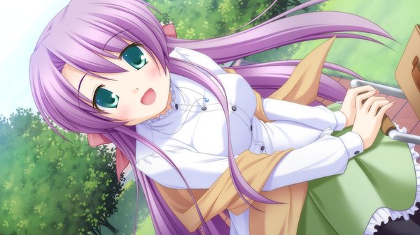Anime picture 1200x675 with canvas 4 (game) saginomiya tsumugi amakusa tobari long hair blush open mouth wide image green eyes game cg purple hair girl