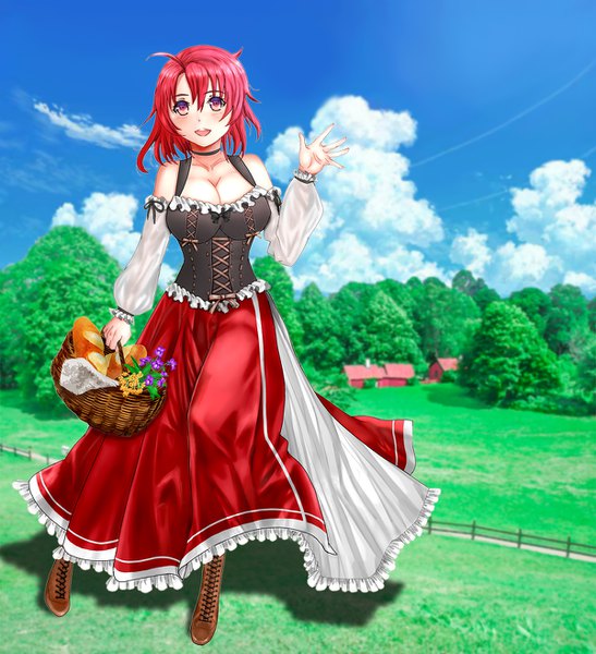 Anime picture 1200x1314 with goblin slayer! cow girl (goblin slayer!) heimdallr single tall image looking at viewer blush fringe short hair breasts open mouth light erotic smile hair between eyes red eyes large breasts standing bare shoulders holding sky