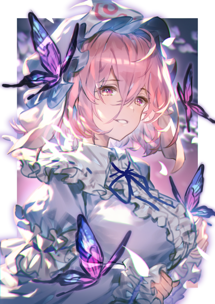 Anime picture 1003x1416 with touhou saigyouji yuyuko uu uu zan single tall image fringe short hair hair between eyes pink hair upper body parted lips pink eyes girl hat frills insect butterfly bonnet triangular headpiece