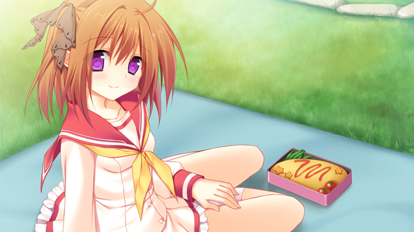 Anime picture 1280x720 with hikoukigumo no mukougawa hirosaki mina single looking at viewer blush short hair smile brown hair wide image purple eyes game cg girl uniform bow hair bow school uniform food obento omelet omurice