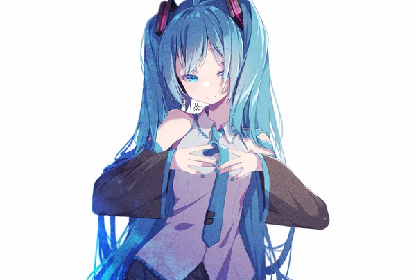 Anime picture 2039x1378 with vocaloid hatsune miku nuko 0108 single long hair looking at viewer blush fringe highres simple background smile standing white background twintails bare shoulders nail polish parted lips aqua eyes aqua hair girl