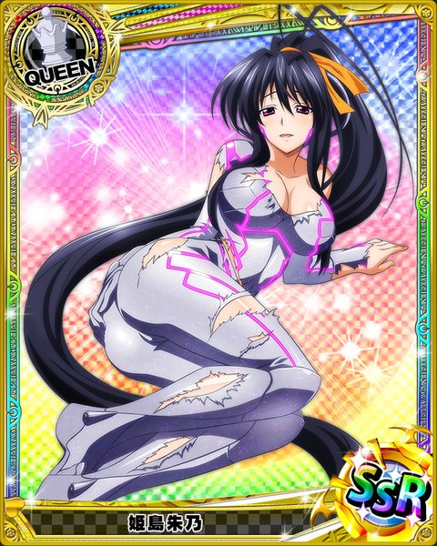 Anime picture 640x800 with highschool dxd himejima akeno single tall image looking at viewer breasts light erotic black hair large breasts purple eyes ass ponytail very long hair torn clothes card (medium) girl bodysuit