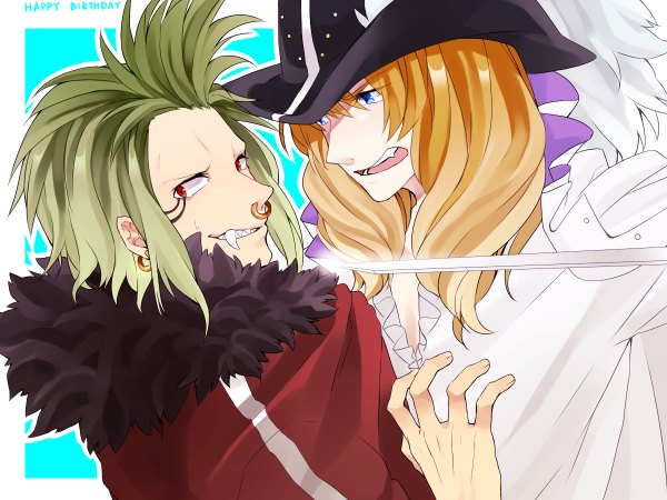 Anime picture 1200x900 with one piece toei animation cavendish bartolomeo mako1124 long hair blue eyes blonde hair red eyes looking away green hair multiple boys teeth fang (fangs) piercing facial mark ear piercing framed happy birthday angry