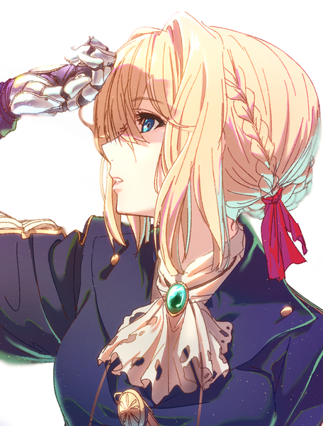 Anime picture 1021x1341 with violet evergarden kyoto animation violet evergarden (character) ganko-chan (shashaneko123) single tall image fringe short hair blue eyes simple background blonde hair hair between eyes white background looking away profile portrait hand on head mechanical arms girl ribbon (ribbons)
