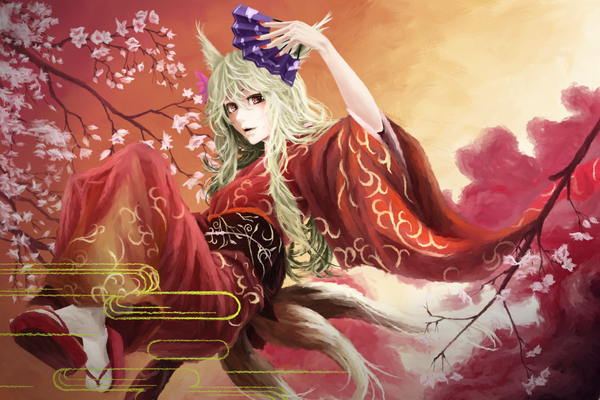 Anime picture 1300x867 with original akaikitsune long hair blonde hair animal ears long sleeves nail polish japanese clothes animal tail pink eyes fingernails cherry blossoms long fingernails multiple tails girl plant (plants) tree (trees) kimono branch fan