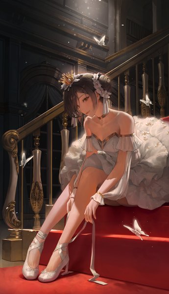 Anime picture 4000x6947 with original bangsom single tall image looking at viewer fringe highres short hair brown hair sitting bare shoulders brown eyes absurdres full body indoors mole hair bun (hair buns) mole under eye ballerina girl