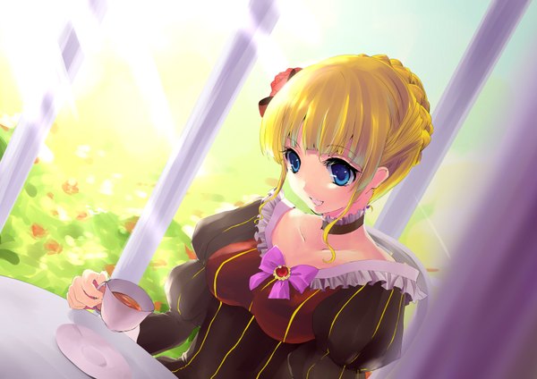 Anime picture 3507x2480 with umineko no naku koro ni beatrice kobanzame single fringe highres open mouth blue eyes blonde hair payot absurdres indoors sunlight looking down girl dress choker cup tea
