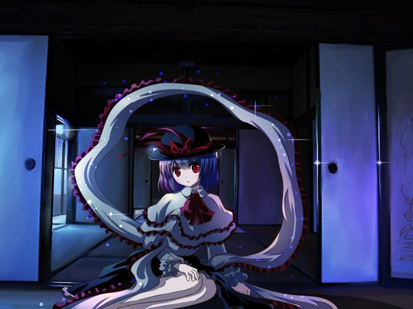 Anime picture 1600x1200 with touhou nagae iku single short hair red eyes blue hair girl dress hat