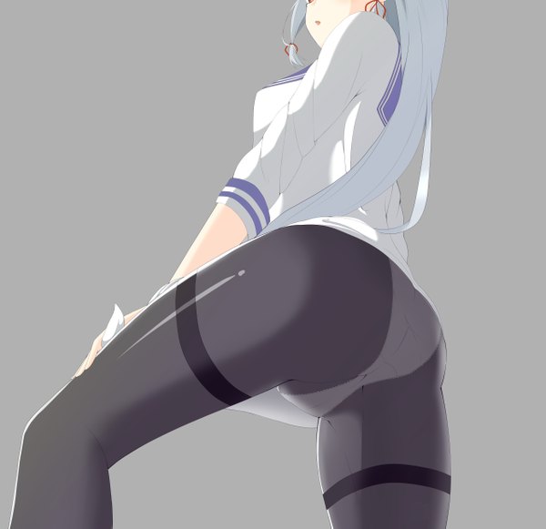 Anime picture 5112x4951 with kantai collection murakumo destroyer jito mesuki nitouhei single long hair highres breasts light erotic simple background absurdres bent knee (knees) parted lips looking back grey hair grey background from below pantyshot tress ribbon girl uniform