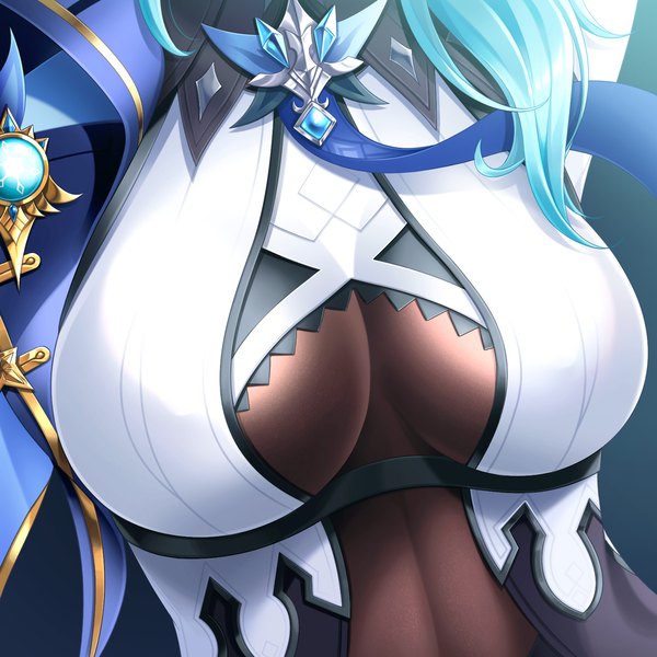 Anime picture 1620x1620 with genshin impact eula lawrence blackdomo single long hair breasts light erotic simple background large breasts blue hair upper body close-up head out of frame girl necktie vision (genshin impact)