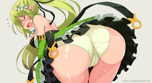 Anime picture 1754x964 with elsword rena erindel dream-of-abell single long hair blush fringe highres breasts light erotic simple background wide image large breasts cleavage ass ponytail eyes closed hair flower green hair pointy ears