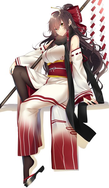 Anime picture 1028x1760 with touhou hakurei reimu onineko-chan single long hair tall image looking at viewer fringe breasts simple background hair between eyes brown hair large breasts white background sitting yellow eyes full body long sleeves traditional clothes japanese clothes