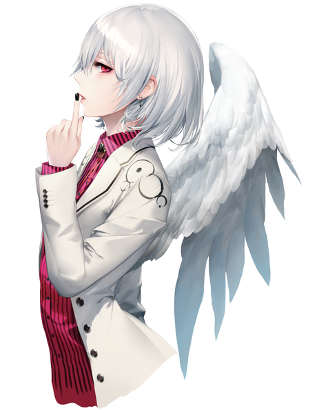 Anime picture 800x1066 with touhou kishin sagume kodama (wa-ka-me) single tall image looking at viewer fringe short hair simple background hair between eyes red eyes white background silver hair upper body nail polish parted lips profile finger to mouth black nail polish white wings