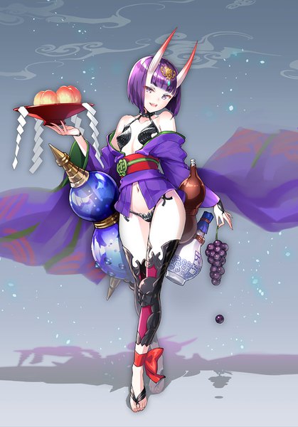 Anime picture 1000x1430 with fate (series) fate/grand order shuten douji (fate) suishougensou single tall image looking at viewer blush fringe short hair open mouth light erotic purple eyes bare shoulders holding purple hair full body blunt bangs traditional clothes japanese clothes