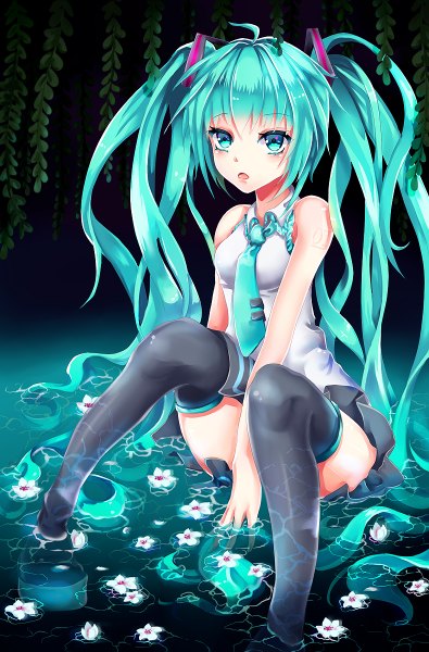 Anime picture 790x1200 with vocaloid hatsune miku icurunin single long hair tall image open mouth twintails pleated skirt aqua eyes aqua hair girl thighhighs skirt flower (flowers) black thighhighs plant (plants) water necktie