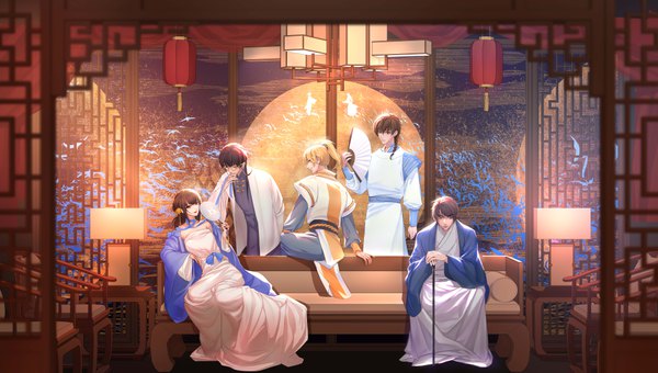 Anime picture 8504x4819 with koi to producer: evol x love heroine (koi to producer) zen (evol x love) simon (evol x love) kira (evol x love) haku (evol x love) hua hua de sanchuan long hair looking at viewer fringe highres short hair blonde hair hair between eyes brown hair wide image standing sitting brown eyes absurdres