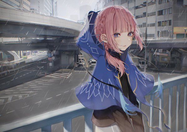 Anime picture 2828x2000 with virtual youtuber kamitsubaki studio virtual kaf kaf (kamitsubaki studio) daluto (hitomi555) single long hair fringe highres blue eyes pink hair upper body outdoors blunt bangs rain expressionless girl hood building (buildings) railing