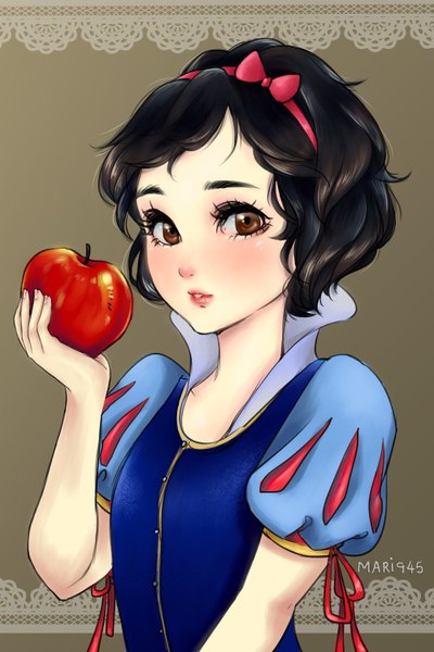 Anime picture 2000x3000 with snow white and the seven dwarfs snow white mari945 single tall image blush fringe highres short hair black hair simple background holding brown eyes signed looking away parted lips lips short sleeves puffy sleeves portrait