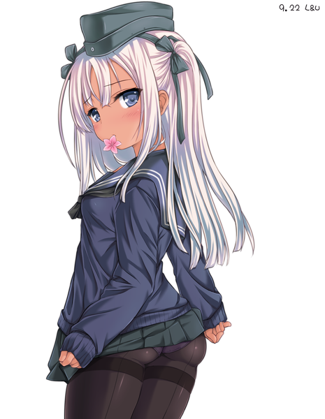 Anime picture 1254x1618 with kantai collection ro-500 submarine nijimotohiro k single long hair tall image blush fringe blue eyes light erotic simple background hair between eyes white background holding white hair pantyshot mouth hold girl skirt underwear