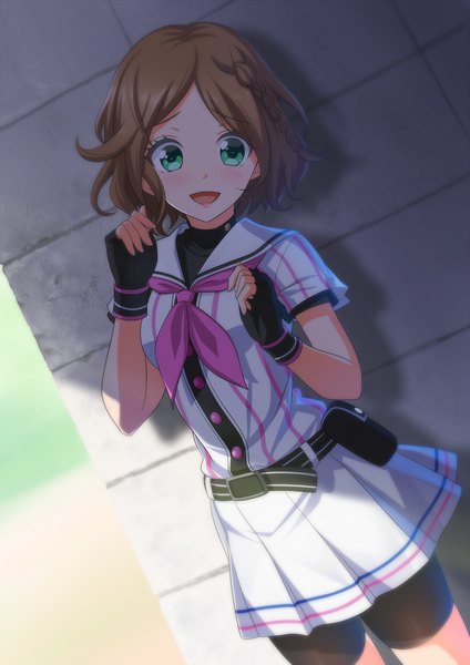 Anime picture 1200x1696 with hachigatsu no cinderella nine kakehashi-sensei nyanmaru (artist) single tall image looking at viewer blush open mouth smile brown hair standing green eyes outdoors braid (braids) head tilt :d pleated skirt blurry arms up shadow