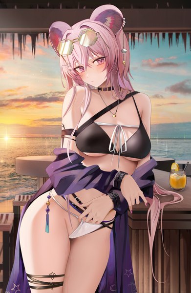 Anime picture 4584x7036 with arknights lin yuhsia (arknights) ru zhai single long hair tall image looking at viewer blush fringe highres breasts light erotic hair between eyes large breasts standing purple eyes animal ears absurdres sky purple hair