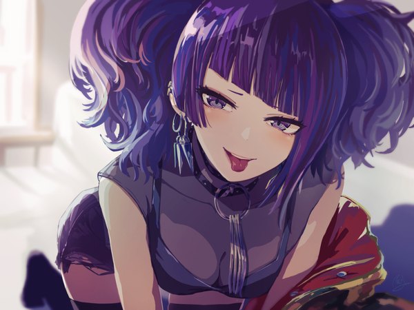 Anime picture 1000x750 with idolmaster idolmaster shiny colors tanaka mamimi minyom single looking at viewer blush fringe short hair breasts open mouth light erotic purple eyes twintails purple hair indoors blunt bangs head tilt blurry short sleeves