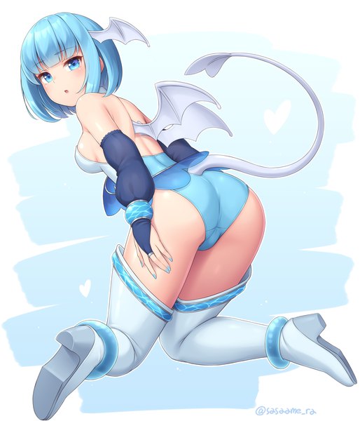 Anime picture 1010x1180 with original sasaame single tall image looking at viewer blush fringe short hair breasts open mouth blue eyes light erotic simple background smile signed blue hair full body ass tail blunt bangs