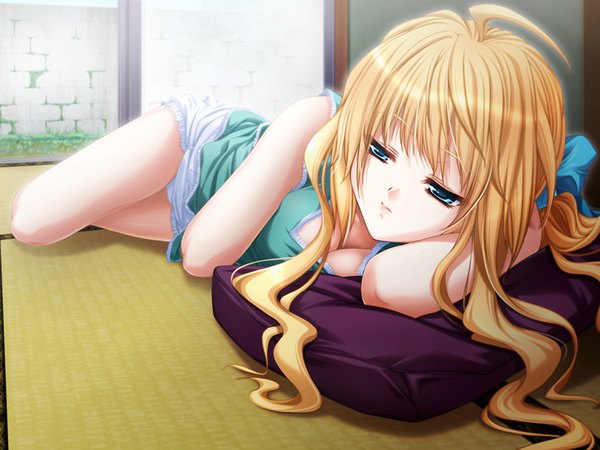 Anime picture 1200x900 with blonde hair game cg ahoge lying floor girl pillow