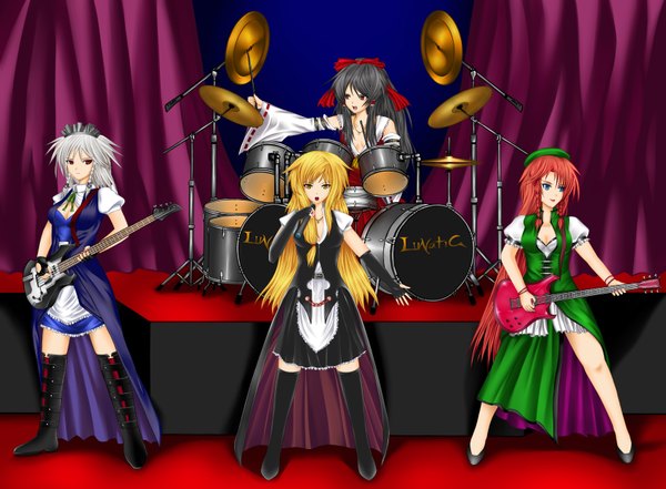 Anime picture 3400x2500 with touhou hakurei reimu kirisame marisa izayoi sakuya hong meiling highres band girl musical instrument guitar drum drum set
