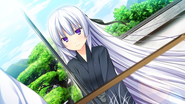 Anime picture 1280x720 with harvest overray giga yatsurugi komachi long hair wide image purple eyes game cg white hair traditional clothes japanese clothes girl ribbon (ribbons) weapon hair ribbon sword katana