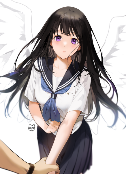 Anime picture 1400x1920 with hyouka kyoto animation chitanda eru mery (yangmalgage) long hair tall image looking at viewer blush fringe black hair simple background standing white background purple eyes signed blunt bangs short sleeves solo focus angel wings white wings